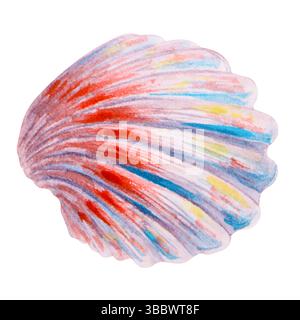 Coquille Saint-Jacques colorée. Aquarelle dessinée à la main illustration marine d'une coquille rayée vibrante. Idéal pour le décor d'aquarium, excursions de plongée, plongée en apnée Banque D'Images