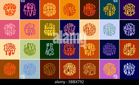 Coloris positivité et motivation mots rétro vibrants dans le style groovy des années 60 Illustration de Vecteur