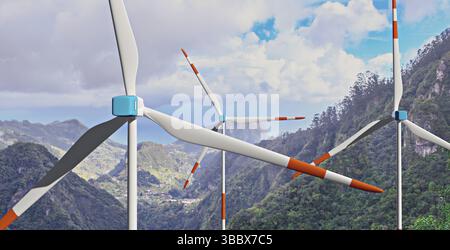 Une éolienne moderne avec stockage de batterie dans la nature sauvage, 3D illustration Banque D'Images