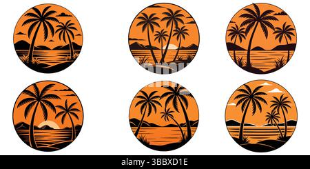 Collection de badges de coucher de soleil d'île tropicale, icônes vectorielles de vacances d'été. Illustration de Vecteur