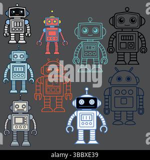 Ensemble de personnages de robot jouet coloré, design plat et icônes de contour. Illustration de Vecteur