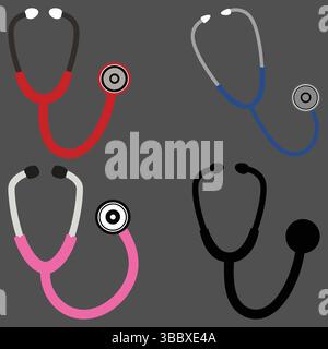 Jeu de stéthoscopes médicaux (rouge, bleu, rose, noir) pour les concepts de santé. Illustration de Vecteur