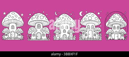 Ensemble de cinq charmantes maisons de champignons dans un style artistique noir et blanc. Illustration vectorielle de contour pour un livre de coloriage pour enfants ou une page imprimable. Couper Illustration de Vecteur