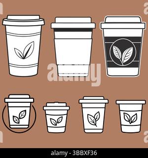 Ensemble simple d'illustration de dessin au trait de tasses de café et de thé à emporter de différentes tailles. Icônes vectorielles noires et blanches avec logo de feuille de thé, adapté au bâton Illustration de Vecteur