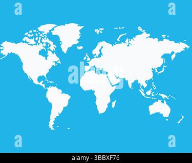 Carte du monde vectorielle plate simple. Silhouette blanche de continents sur un fond bleu clair. Géographie mondiale, voyages ou concept commercial international. Illustration de Vecteur