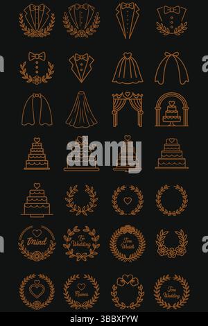 Icônes de conception de mariage élégantes en couleur marron avec des illustrations graphiques vectorielles sur un fond noir Illustration de Vecteur
