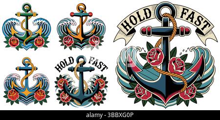 Dessins d'ancre de style tatouage classique avec des roses vagues et une bannière de maintien rapide Illustration de Vecteur