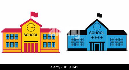 Illustrations vectorielles colorées de bâtiments scolaires en jaune et bleu avec des détails d'horloge Illustration de Vecteur