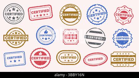 Timbre certifié. Garantie de qualité joint en caoutchouc, vérification et document d'approbation certifier l'emblème, cercle bleu badge rouge avec des étoiles. Rond vectoriel Illustration de Vecteur