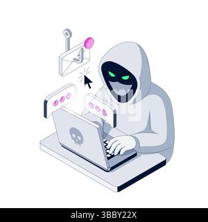 Escroc est assis devant son ordinateur portable. La lettre est accrochée. Illustration isométrique. Une attaque de phishing trompe les utilisateurs avec de faux e-mails. Le pirate utilise BA Illustration de Vecteur