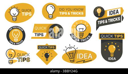Badge d'ampoule. Astuce rapide et saviez-vous que des badges, des idées créatives et des étiquettes de connaissances avec des ampoules, des questions intéressantes et des faits amusants Illustration de Vecteur