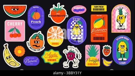 Autocollant de fruit de dessin animé rétro. Comic patch avec ananas, baie, cerise, pomme, fraise, citron et banane, autocollants rétro fruits mignons. Nourriture vectorielle Illustration de Vecteur