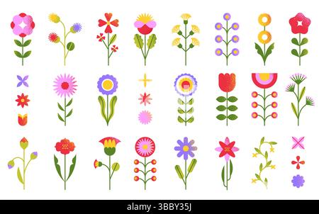Fleurs géométriques. Éléments abstraits de bouquet floral printemps été, formes simples de géométrie de fleur nordique, icônes de plantes à feuilles organiques y2k style funky Illustration de Vecteur