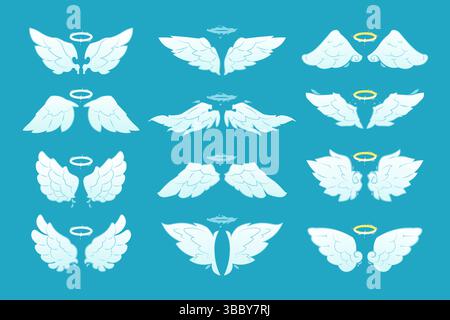 Aile d'ange de dessin animé. Symbole ailé de halo mignon avec halo nimbus, éléments de saint fantaisie pour la conception de carte de voeux ou d'affiche. Ailes saintes vectorielles isolées Illustration de Vecteur