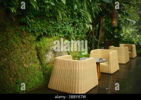 Les places paisibles en plein air sont dotées de chaises en rotin tressé, de tables en bois et d'une terrasse en bois à côté d'un mur de falaise moussue Banque D'Images