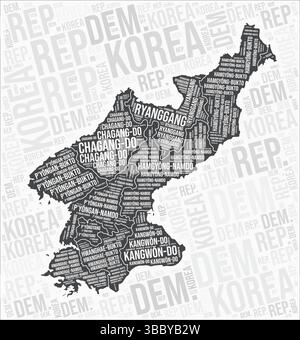 Dem. Rep. Corée régions carte nuage de mots. Nom de région Corée du Sud. Conception de carte en noir et blanc. Illustration vectorielle élégante. Illustration de Vecteur