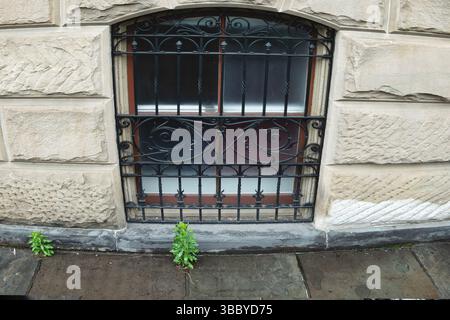 fenêtre de sous-sol barrée dans un vieil immeuble Banque D'Images