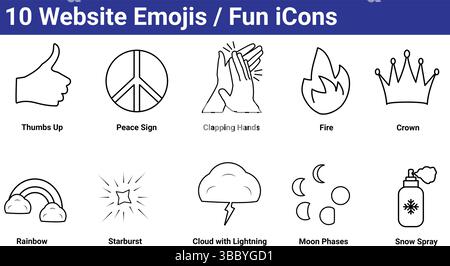 10 site Web Emojis / Fun Icons - Thumbs Up, Peace Sign, Fire & plus Illustration de Vecteur