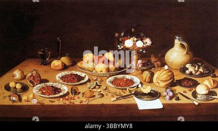Jan van Kessel l'aîné, nature morte avec fruits, nourriture, table, fleurs Banque D'Images
