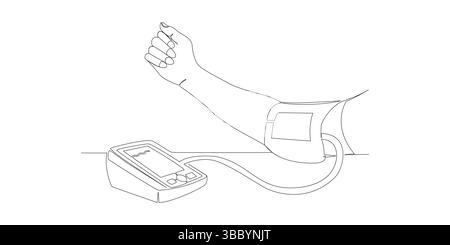 Dessin de ligne continue main humaine à l'aide d'un tonomètre pour mesurer la pression artérielle et le concept de pouls Illustration de Vecteur