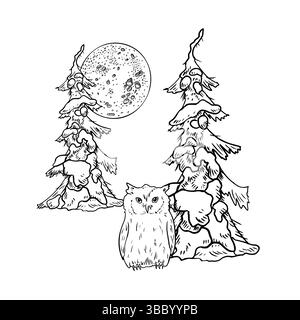 Hibou perché parmi les sapins enneigés sous la pleine lune dessinée à la main noir blanc illustration vectorielle graphique. Esquisse monochrome de scène nocturne boisée mystique Illustration de Vecteur