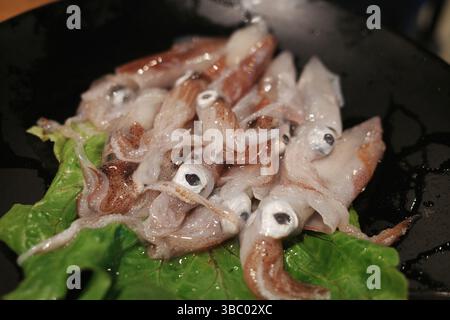 Calmars crus de bébé sur une assiette Banque D'Images