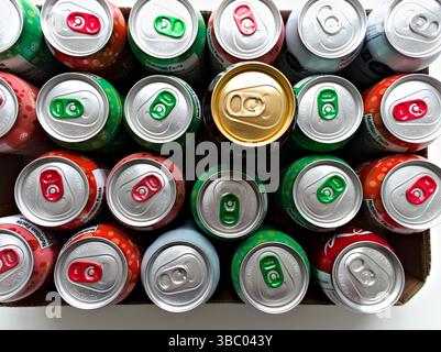 Une boîte de canettes de soda avec une seule canette qui est en or. Les autres boîtes sont vertes et rouges Banque D'Images
