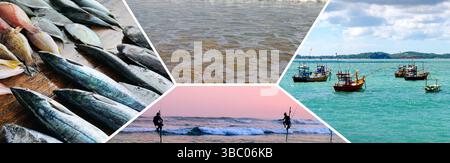 Pêche dans l'océan Indien. Pêcheurs avec une canne, un filet et sur des bateaux de pêche. Collage. Sri Lanka. Le concept est le voyage. Motif mosaïque. Photo grand angle. Banque D'Images