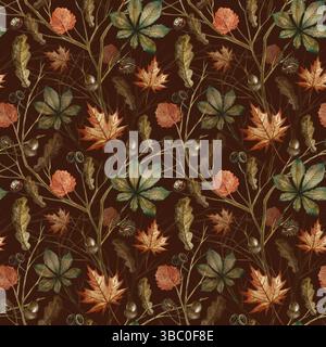 Modèle sans couture avec diverses feuilles et branches d'automne. Illustration d'aquarelle faite à la main. Image couleur sur un fond sombre. Pour emballage, décor Banque D'Images