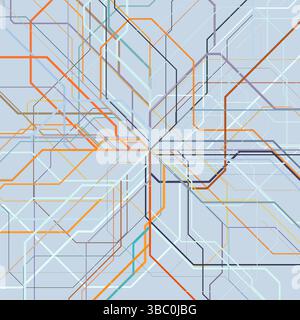 Toile géométrique minimaliste de lignes colorées sur fond bleu – motif de carte urbaine abstrait Banque D'Images