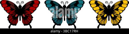 Papillons mignons en rouge bleu et jaune pour les autocollants, web et personnages de dessins animés. Illustration de Vecteur