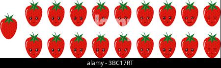 Ensemble mignon emoji de fruits et légumes avec des fraises pour le web et les personnages de dessins animés. Illustration de Vecteur