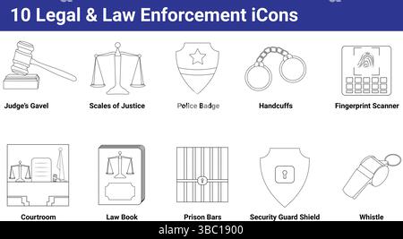 10 icônes des services juridiques et des forces de l'ordre Illustration de Vecteur