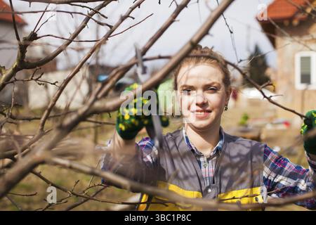 Jeune femme élaguant les arbres avec des cisailles dans le jardin. La femme porte un uniforme et des gants. Concept de travail de jardinage Banque D'Images