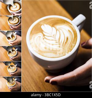 Barista dessinant une tasse à cappuccino. Le Latte art, verser du lait avec de la mousse Banque D'Images