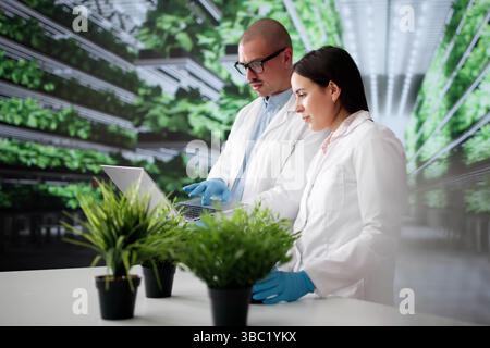 Étudiants en laboratoire de technologie agricole recherche Agriculture alimentaire avec ordinateurs. Les scientifiques testent les systèmes environnementaux Banque D'Images