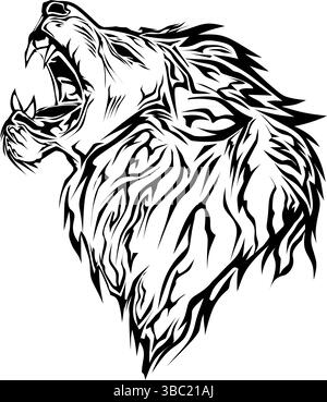 Illustration noire d'une tête de lion rugissante. Parfait pour les autocollants, logos, tatouages. Illustration de Vecteur