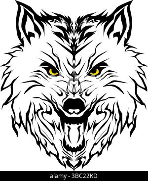 Illustration de silhouette noire d'une tête de loup hochante avec des yeux jaunes vifs Illustration de Vecteur