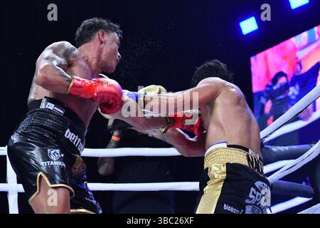17 mai 2025 : Acelino ''PopÃ³'' Freitas, ancien champion poids plume WBA/WBO, frappe l'acteur brésilien Duda Nagle lors du FMS 6 à Vibra Arena le 17 mai 2025 à Sao Paulo, Brésil. (Photo de Leandro Bernardes/Pximages) (crédit image : © Leandro Bernardes/PX Imagens via ZUMA Press Wire) USAGE ÉDITORIAL SEULEMENT ! Non destiné à UN USAGE commercial ! Banque D'Images