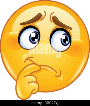 Émoticône emoji avec une expression inquiète et une main touchant sa bouche dans une pose réfléchissante Illustration de Vecteur