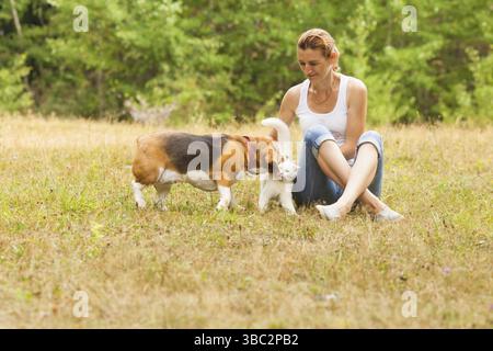 Smiling attractive femme assise sur un sol herbeux regardant ses animaux domestiques jouent dehors dans la forêt. Lovely dog licking fluffy chat blanc et leurs Banque D'Images