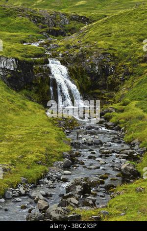 Petite cascade descendant une colline rocheuse entourée d'herbe verte. Islande Banque D'Images