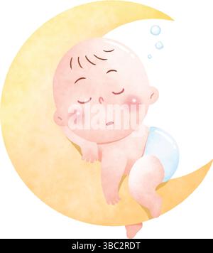 Sleeping Baby on Moon Cartoon illustration aquarelle isolée Illustration de Vecteur