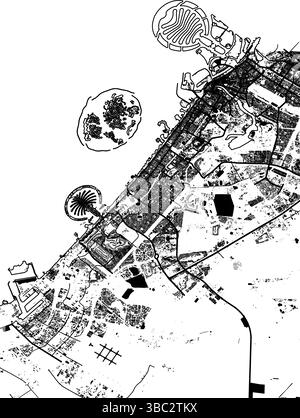 Carte vectorielle de Dubaï, Émirats arabes Unis – disposition des rues et des bâtiments en noir et blanc Illustration de Vecteur