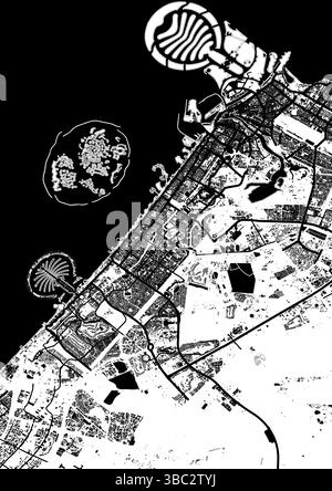 Carte vectorielle de Dubaï, Émirats arabes Unis – disposition des rues et des bâtiments en noir et blanc Illustration de Vecteur