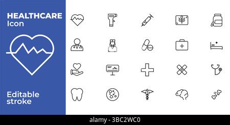 Pack vectoriel d'icônes de ligne médicale - coeur, médecin, seringue, premiers soins, et plus encore Illustration de Vecteur