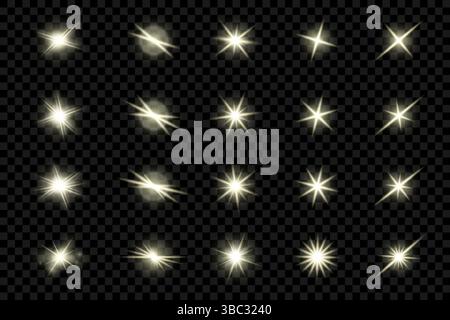 Collection d'effets de lumière étincelants, de reflets d'objectif et d'étoiles brillantes sur un fond transparent, ajoutant une touche de magie et de brillance à n'importe quel desig Illustration de Vecteur