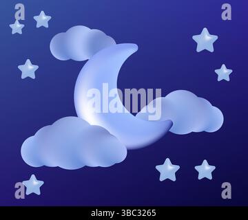 Des nuages doux et arrondis dérivent à travers un ciel nocturne bleu profond, illuminé par la douce lueur d'un croissant de lune et d'étoiles scintillantes, créant un an paisible Illustration de Vecteur