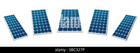Cinq panneaux solaires photovoltaïques positionnés à des angles variables, convertissant la lumière du soleil en électricité, représentant l'essence de l'énergie renouvelable et co Illustration de Vecteur