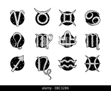 Ensemble de douze signes astrologiques, avec un fond texturé et étoilé dans chaque cadre circulaire, créant une représentation visuellement attrayante de Illustration de Vecteur